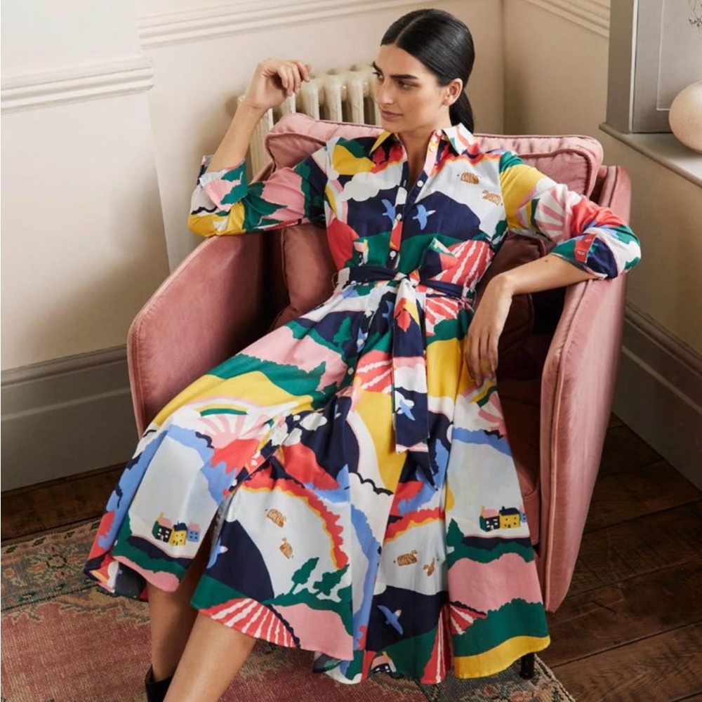 Boden French Meadow Scene Kitty Midi Shirt Dress NWT
